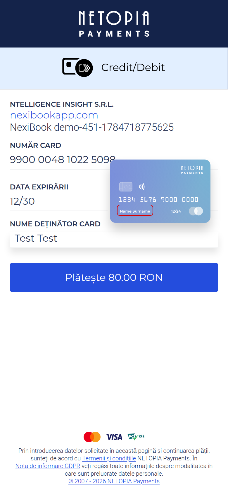 Pagina Netopia cu cardul de test completat