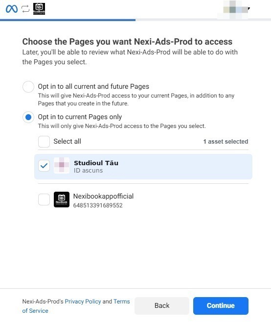 Ecranul de alegere a paginilor, cu pagina studioului bifată