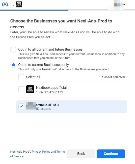 Ecranul de alegere a portofoliului de business